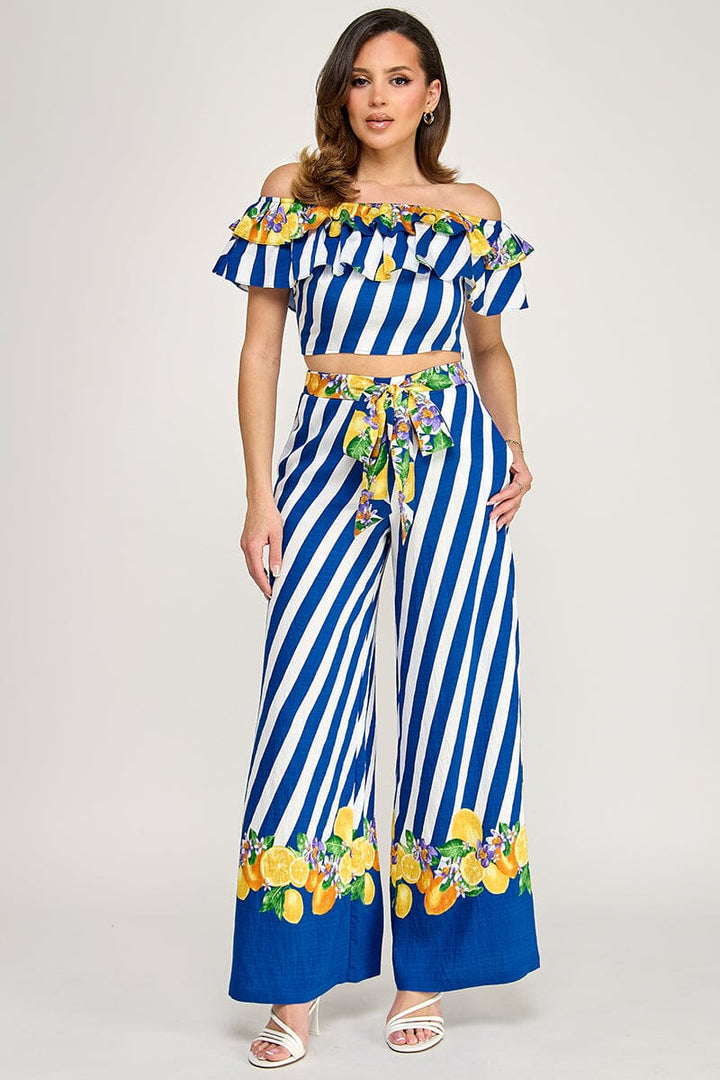 WOMEN'S OFF SHOULDER CROP TOP & ELASTIC WAIST POCKETS WIDE LEG PANTS PRINT 2PC. SET