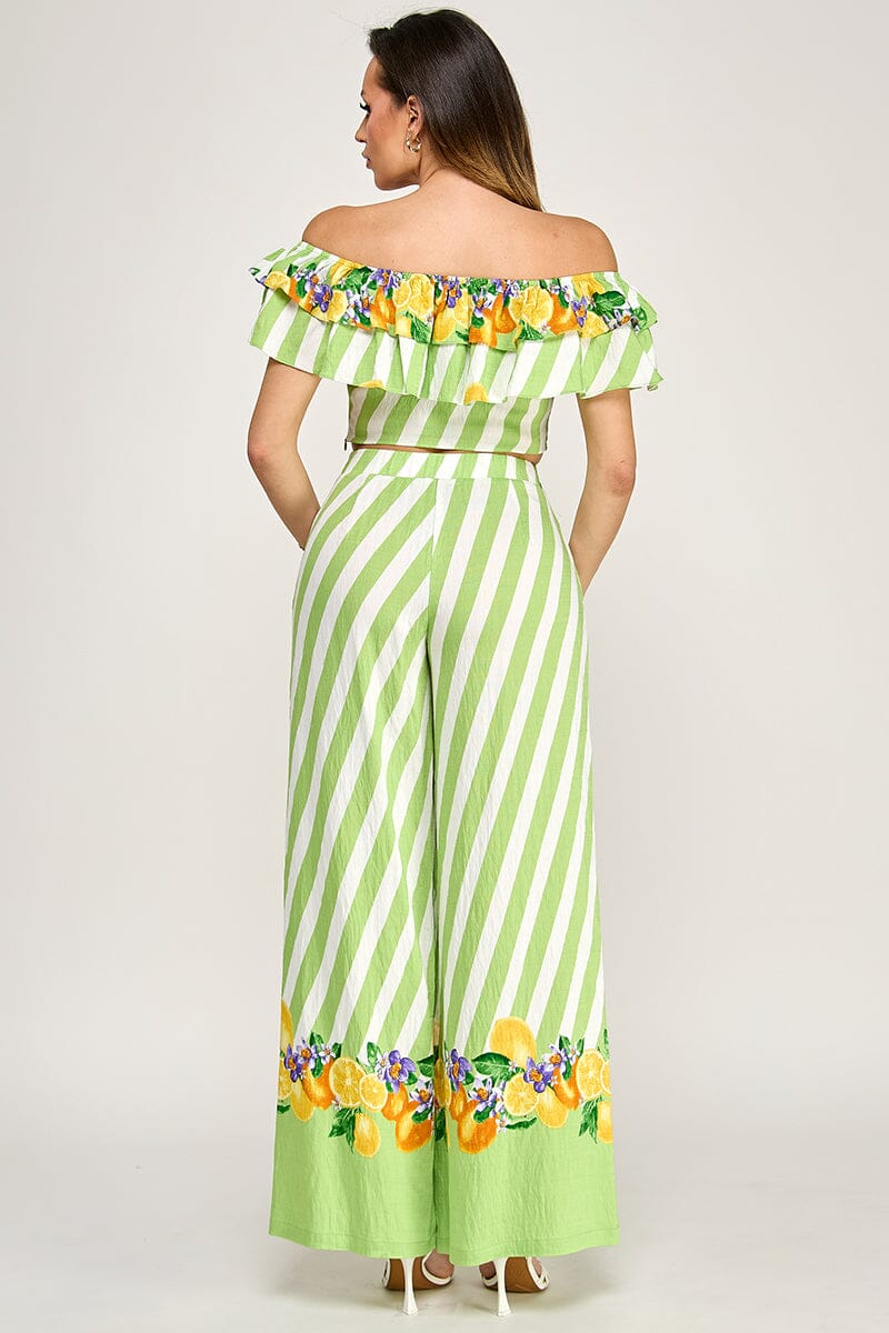 WOMEN'S OFF SHOULDER CROP TOP & ELASTIC WAIST POCKETS WIDE LEG PANTS PRINT 2PC. SET