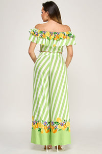 WOMEN'S OFF SHOULDER CROP TOP & ELASTIC WAIST POCKETS WIDE LEG PANTS PRINT 2PC. SET