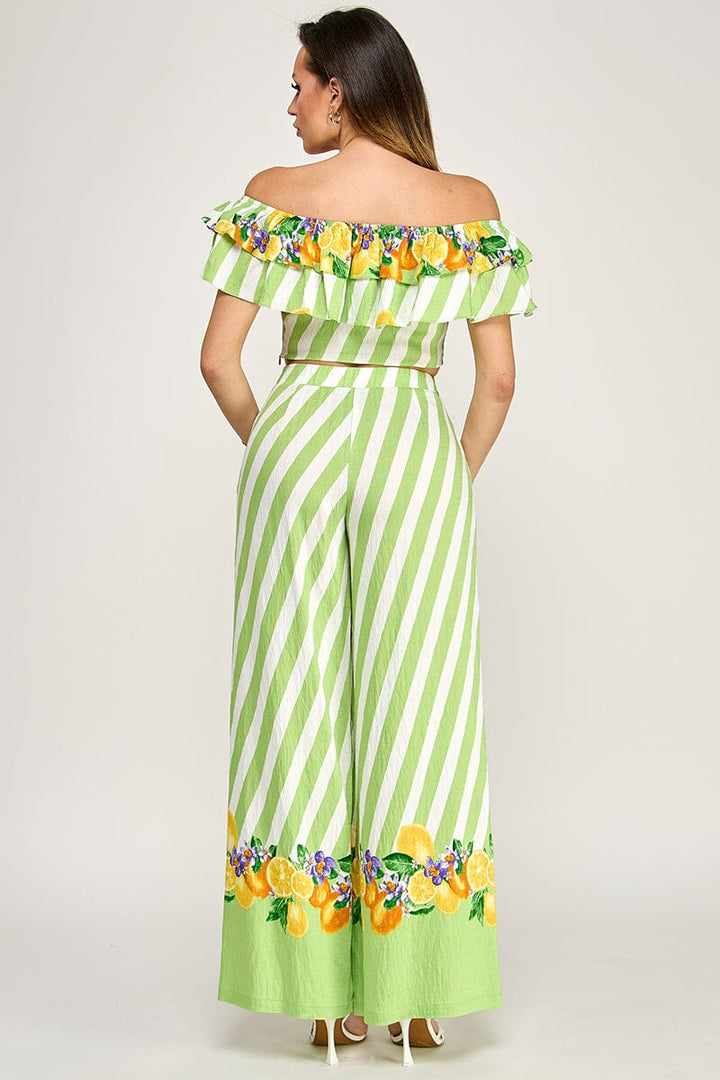 WOMEN'S OFF SHOULDER CROP TOP & ELASTIC WAIST POCKETS WIDE LEG PANTS PRINT 2PC. SET