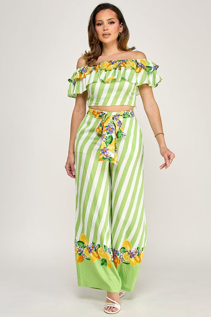 WOMEN'S OFF SHOULDER CROP TOP & ELASTIC WAIST POCKETS WIDE LEG PANTS PRINT 2PC. SET
