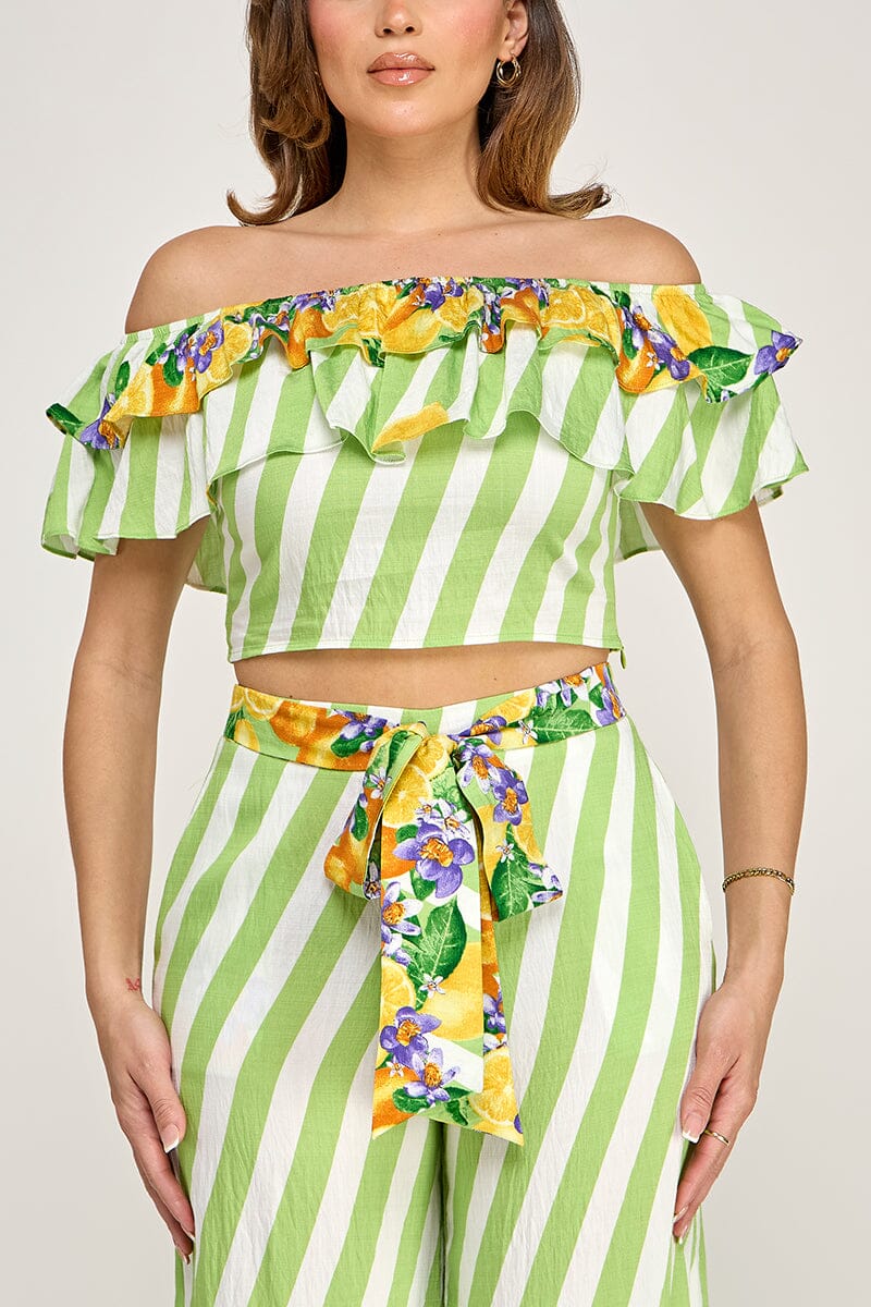 WOMEN'S OFF SHOULDER CROP TOP & ELASTIC WAIST POCKETS WIDE LEG PANTS PRINT 2PC. SET