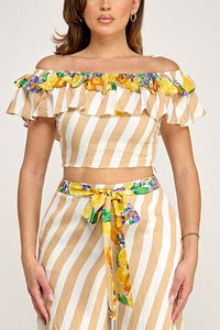 WOMEN'S OFF SHOULDER CROP TOP & ELASTIC WAIST POCKETS WIDE LEG PANTS PRINT 2PC. SET