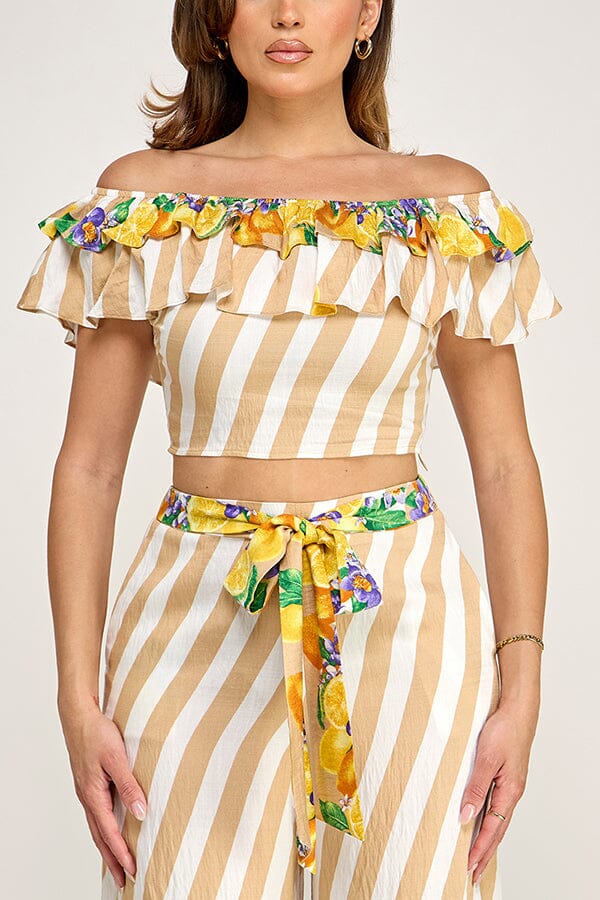 WOMEN'S OFF SHOULDER CROP TOP & ELASTIC WAIST POCKETS WIDE LEG PANTS PRINT 2PC. SET