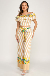 WOMEN'S OFF SHOULDER CROP TOP & ELASTIC WAIST POCKETS WIDE LEG PANTS PRINT 2PC. SET