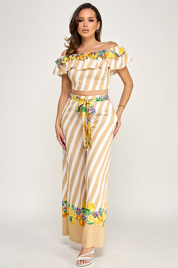 WOMEN'S OFF SHOULDER CROP TOP & ELASTIC WAIST POCKETS WIDE LEG PANTS PRINT 2PC. SET