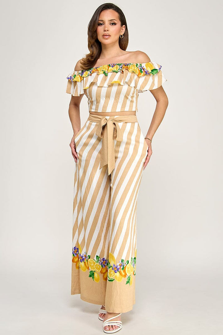 WOMEN'S OFF SHOULDER CROP TOP & ELASTIC WAIST POCKETS WIDE LEG PANTS PRINT 2PC. SET