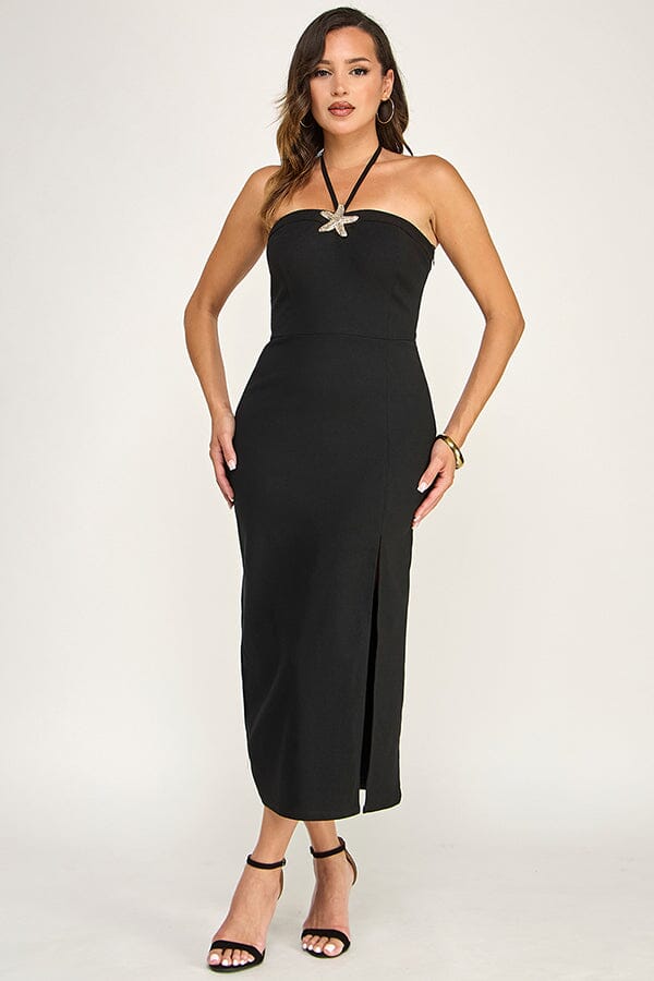 WOMEN'S SLEEVELESS HALTER NECK SIDE SLIT MAXI DRESS