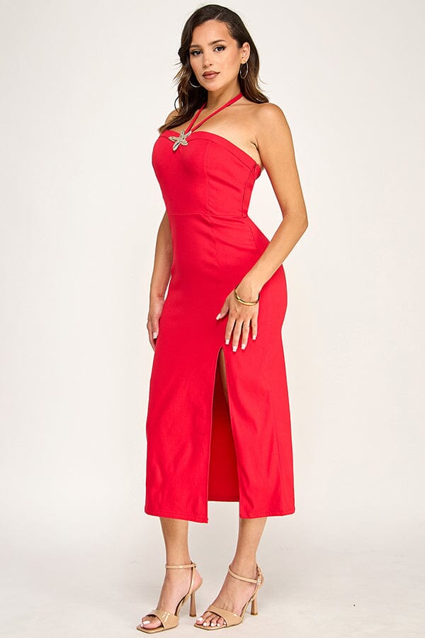 WOMEN'S SLEEVELESS HALTER NECK SIDE SLIT MAXI DRESS