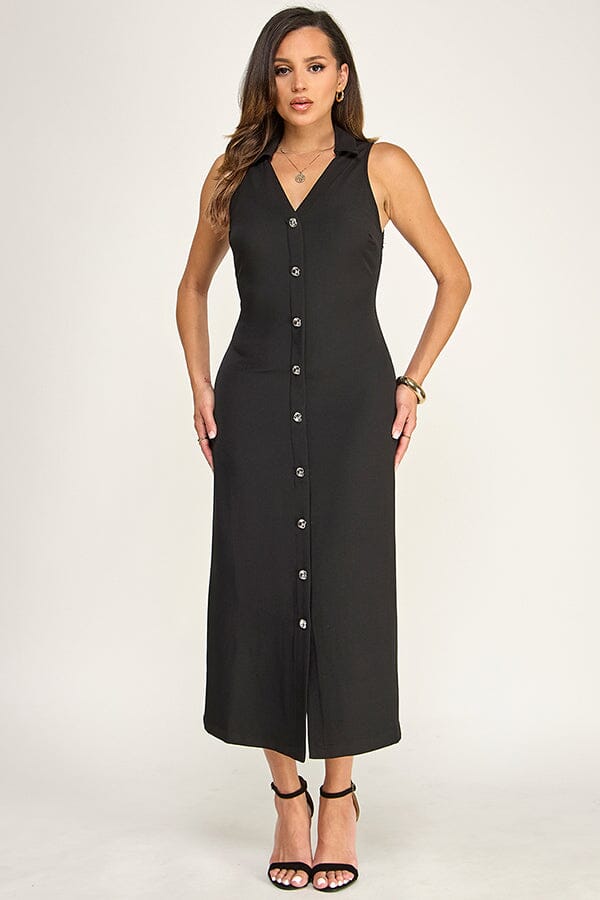 WOMEN'S SLEEVELESS V-NECK BUTTON UP MAXI DRESS