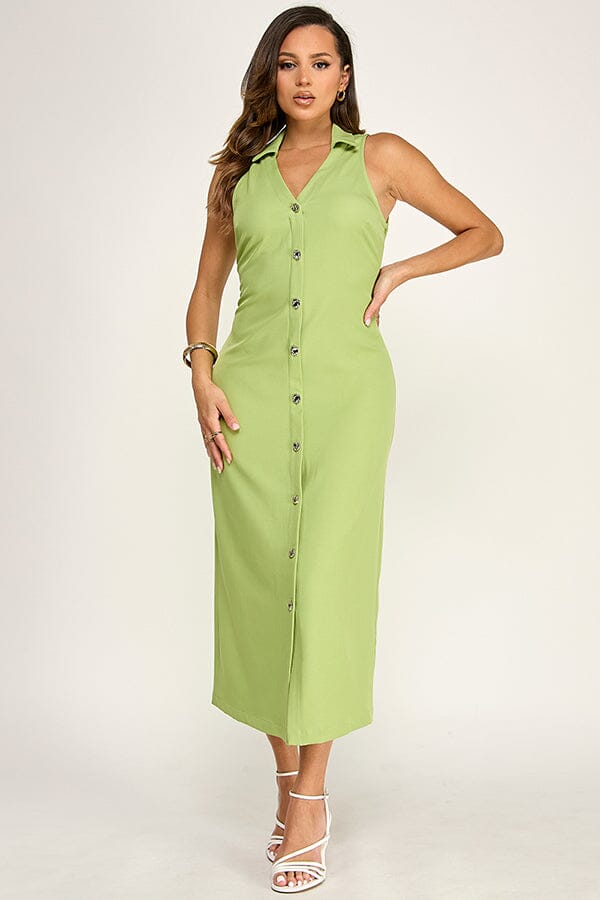 WOMEN'S SLEEVELESS V-NECK BUTTON UP MAXI DRESS
