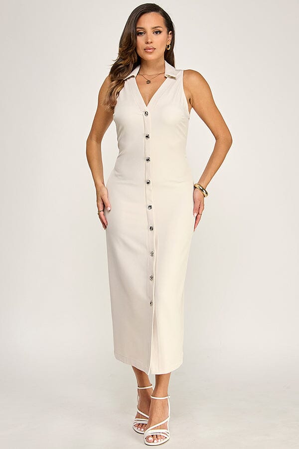 WOMEN'S SLEEVELESS V-NECK BUTTON UP MAXI DRESS