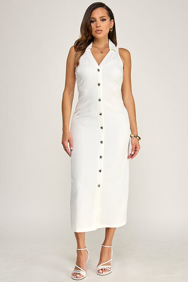 WOMEN'S SLEEVELESS V-NECK BUTTON UP MAXI DRESS
