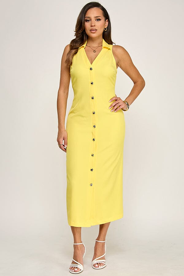 WOMEN'S SLEEVELESS V-NECK BUTTON UP MAXI DRESS