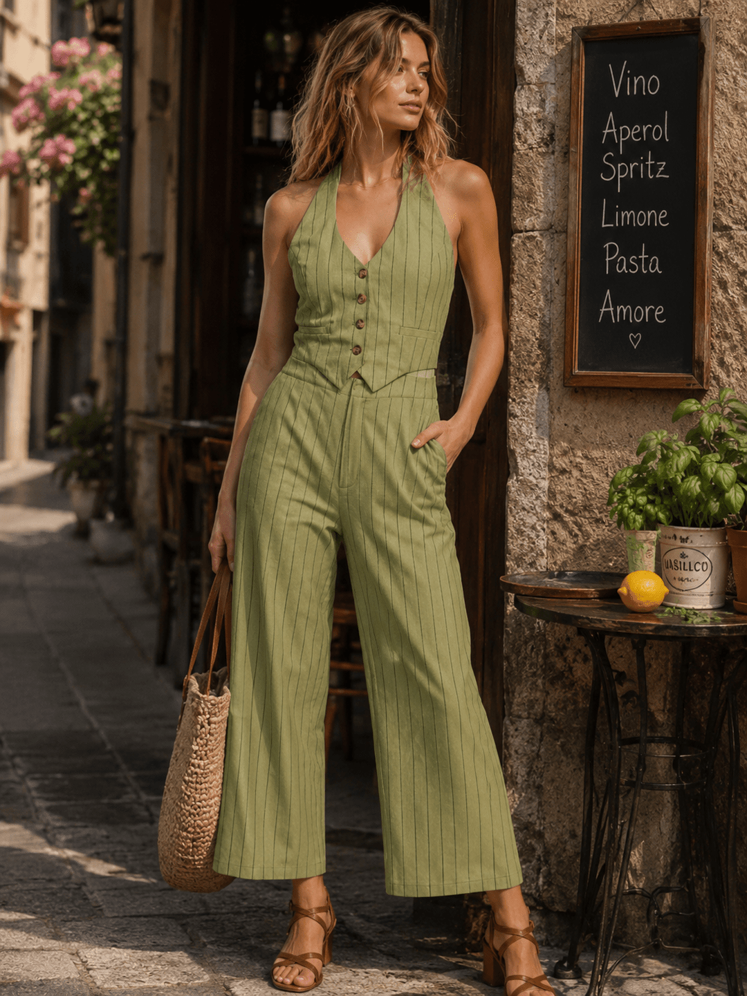 WOMEN'S SLEEVELESS HALTER NECK POCKETS SMOCK WIDE LEG JUMPSUIT