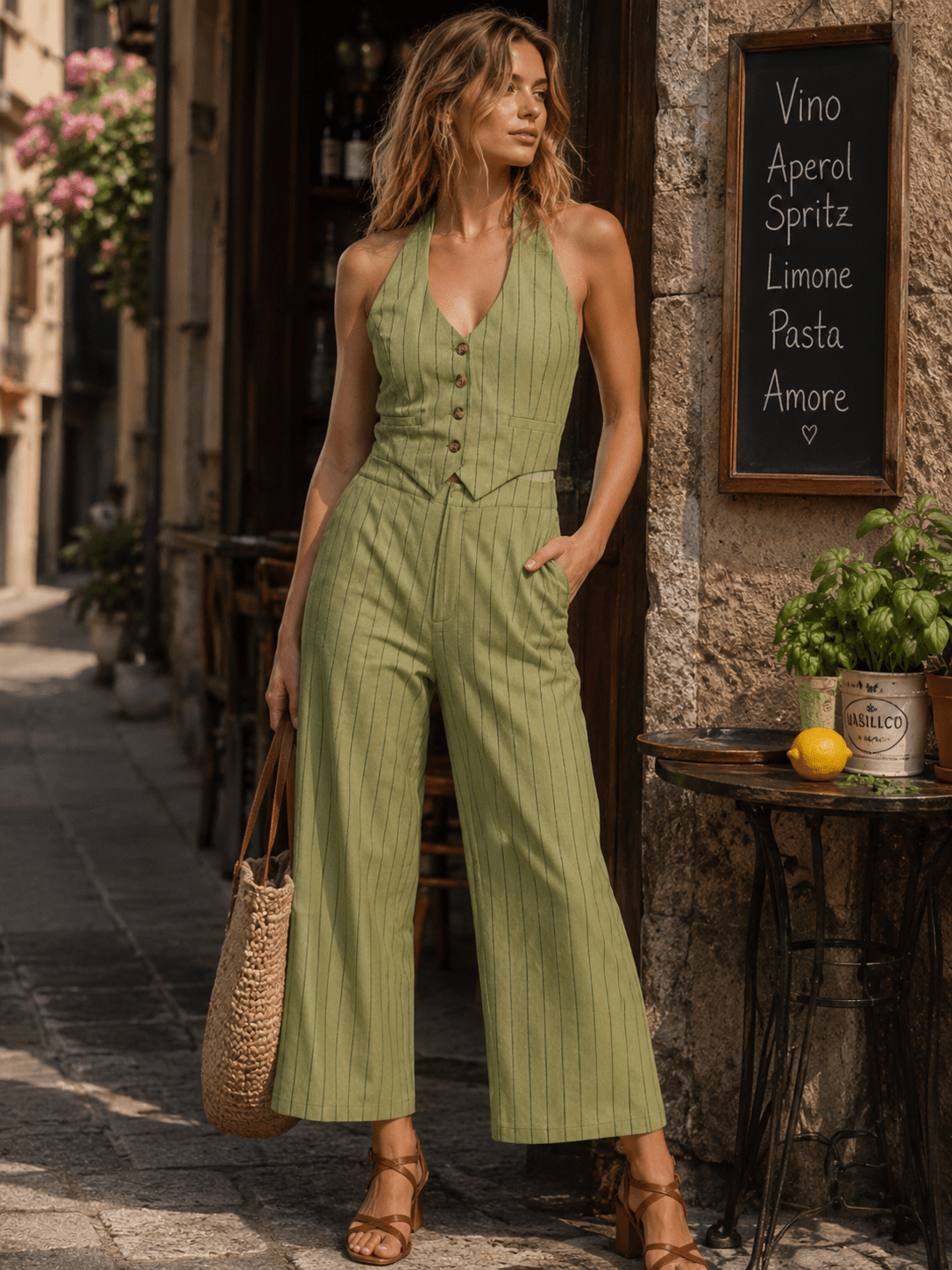 WOMEN'S SLEEVELESS HALTER NECK POCKETS SMOCK WIDE LEG JUMPSUIT