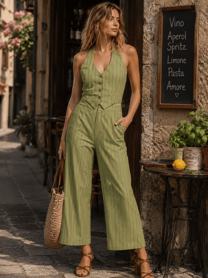 WOMEN'S SLEEVELESS HALTER NECK POCKETS SMOCK WIDE LEG JUMPSUIT