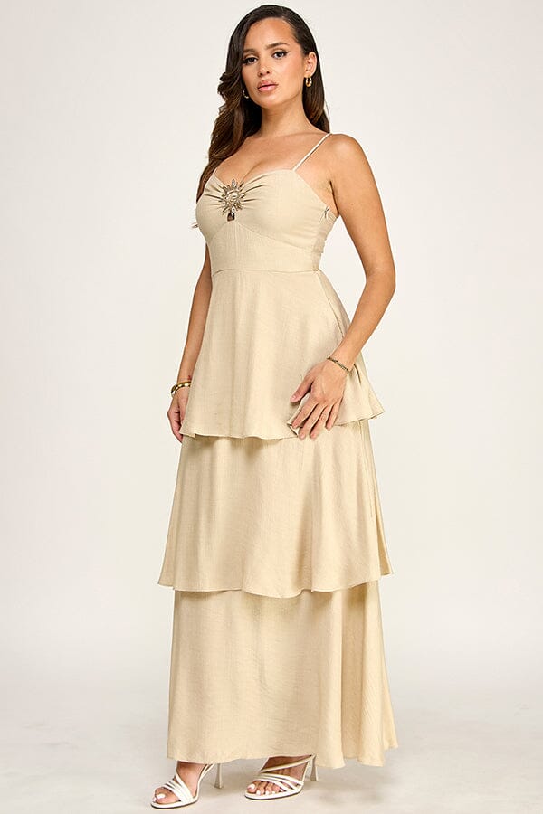 WOMEN'S SLEEVELESS V-NECK RUFFLE TIERED MAXI DRESS