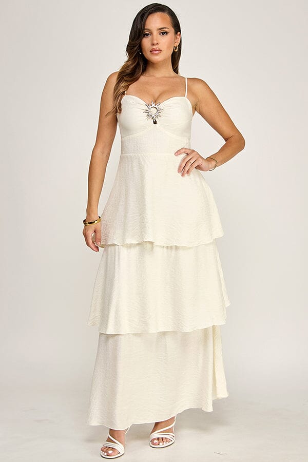 WOMEN'S SLEEVELESS V-NECK RUFFLE TIERED MAXI DRESS