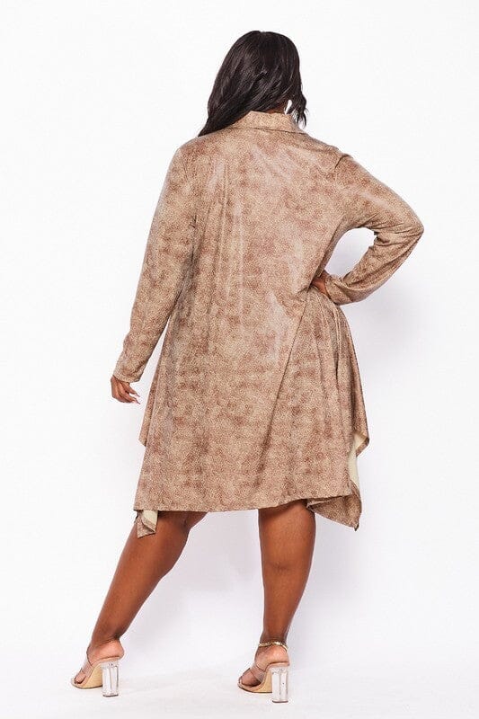 PLUS SIZE LONG SLEEVE BUTTON UP POCKETS TUNIC MIDI DRESS