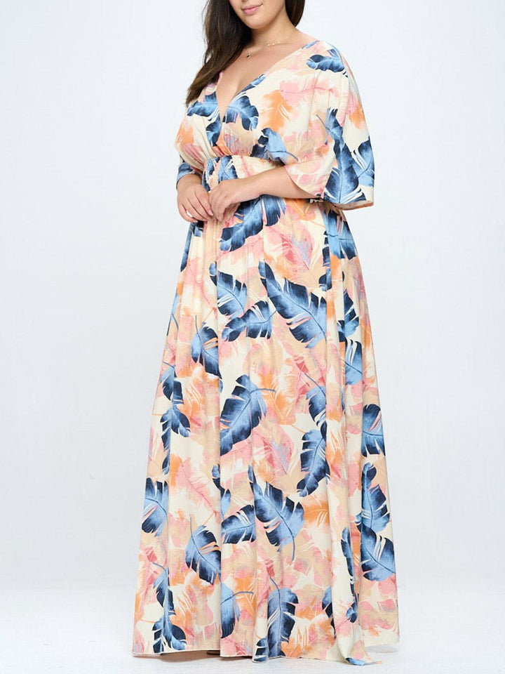 PLUS SIZE SHORT SLEEVE V-NECK SURPLICE SMOCK WAIST MAXI DRESS