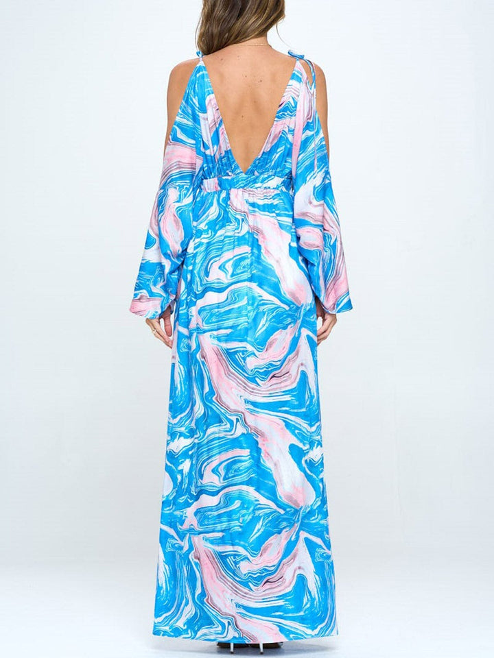 WOMEN'S COLD SHOULDER V-NECK FRONT SLIT MAXI DRESS