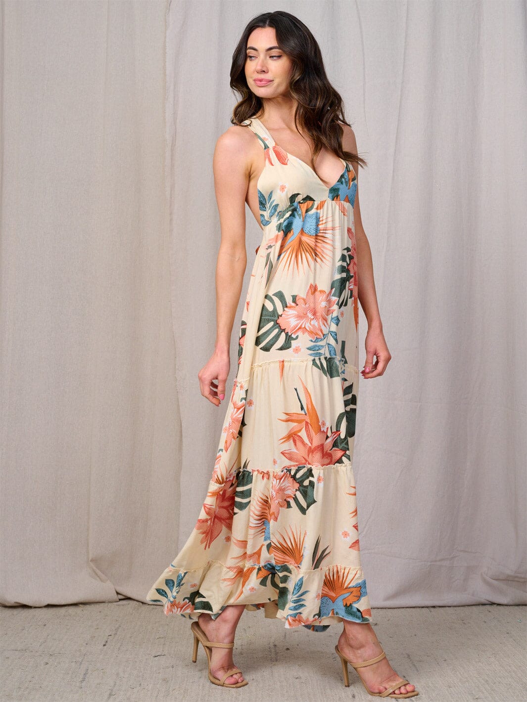 WOMEN'S SLEEVELESS V-NECK OPEN BACK FLORAL MAXI DRESS