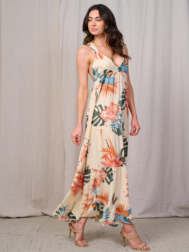 WOMEN'S SLEEVELESS V-NECK OPEN BACK FLORAL MAXI DRESS