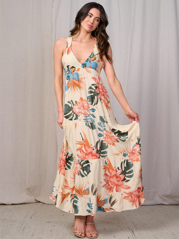 WOMEN'S SLEEVELESS V-NECK OPEN BACK FLORAL MAXI DRESS