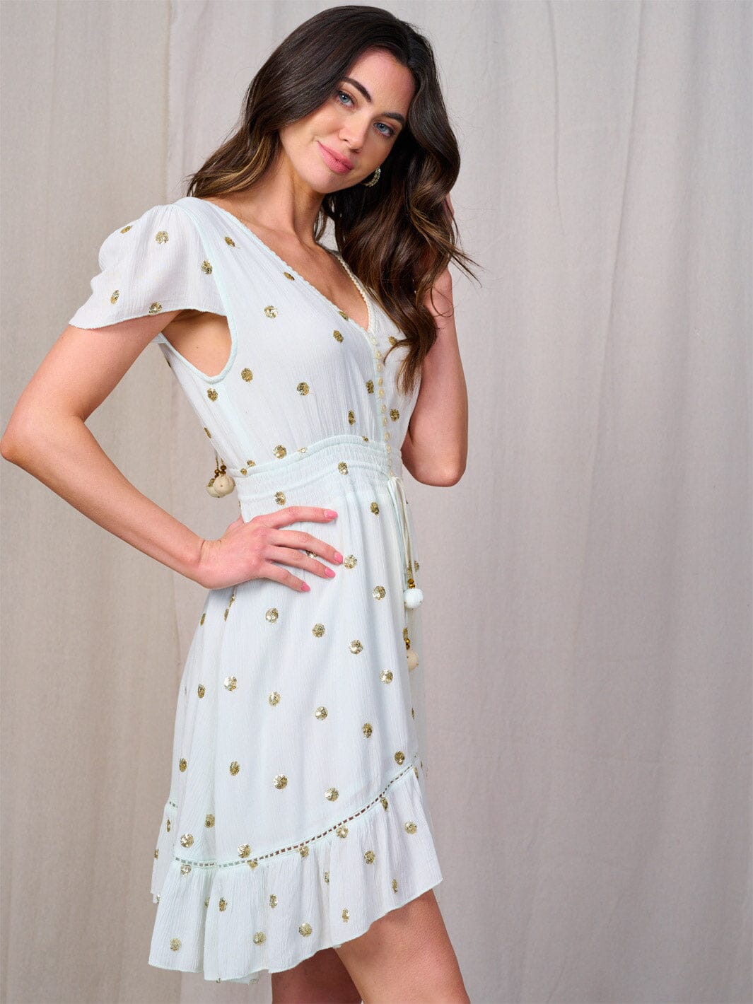 WOMEN'S SHORT SLEEVE V-NECK COLORBLOCK SEQUINS DOTS MINI DRESS