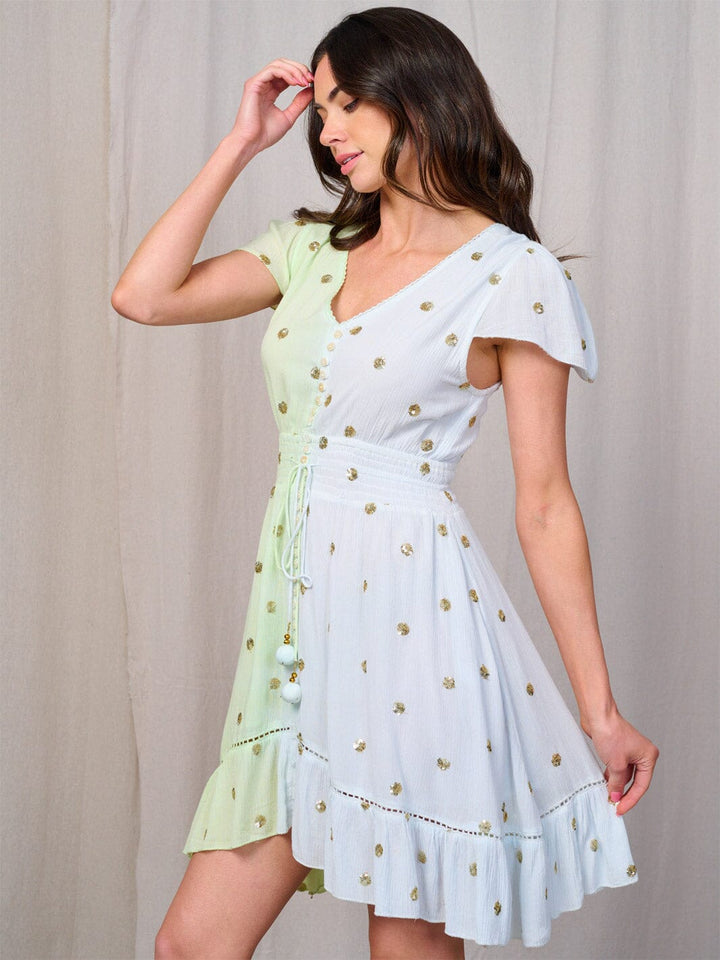 WOMEN'S SHORT SLEEVE V-NECK COLORBLOCK SEQUINS DOTS MINI DRESS