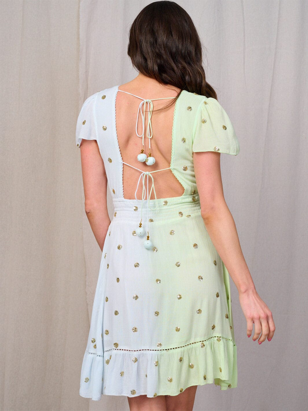 WOMEN'S SHORT SLEEVE V-NECK COLORBLOCK SEQUINS DOTS MINI DRESS