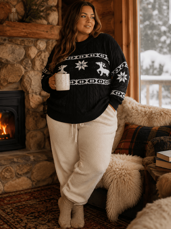 PLUS SIZE LONG SLEEVE KNIT HOLIDAY COLORBLOCK PULLOVER SWEATER
