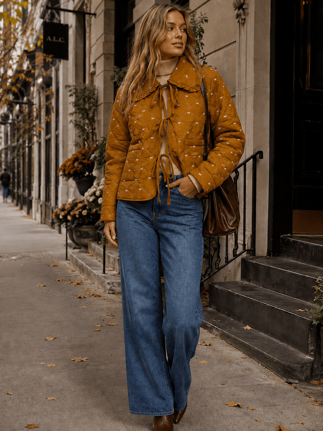WOMEN'S LONG SLEEVE FRONT POCKETS BOWS EMBROIDERY JACKET