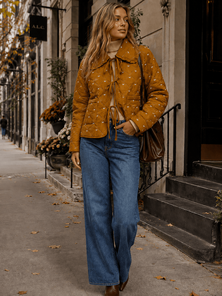 WOMEN'S LONG SLEEVE FRONT POCKETS BOWS EMBROIDERY JACKET