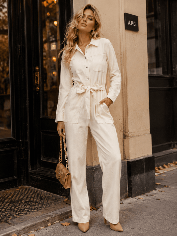 WOMEN'S LONG SLEEVE BUTTON UP SELF TIE STARIGHT LEG WASHED DENIM JUMPSUIT