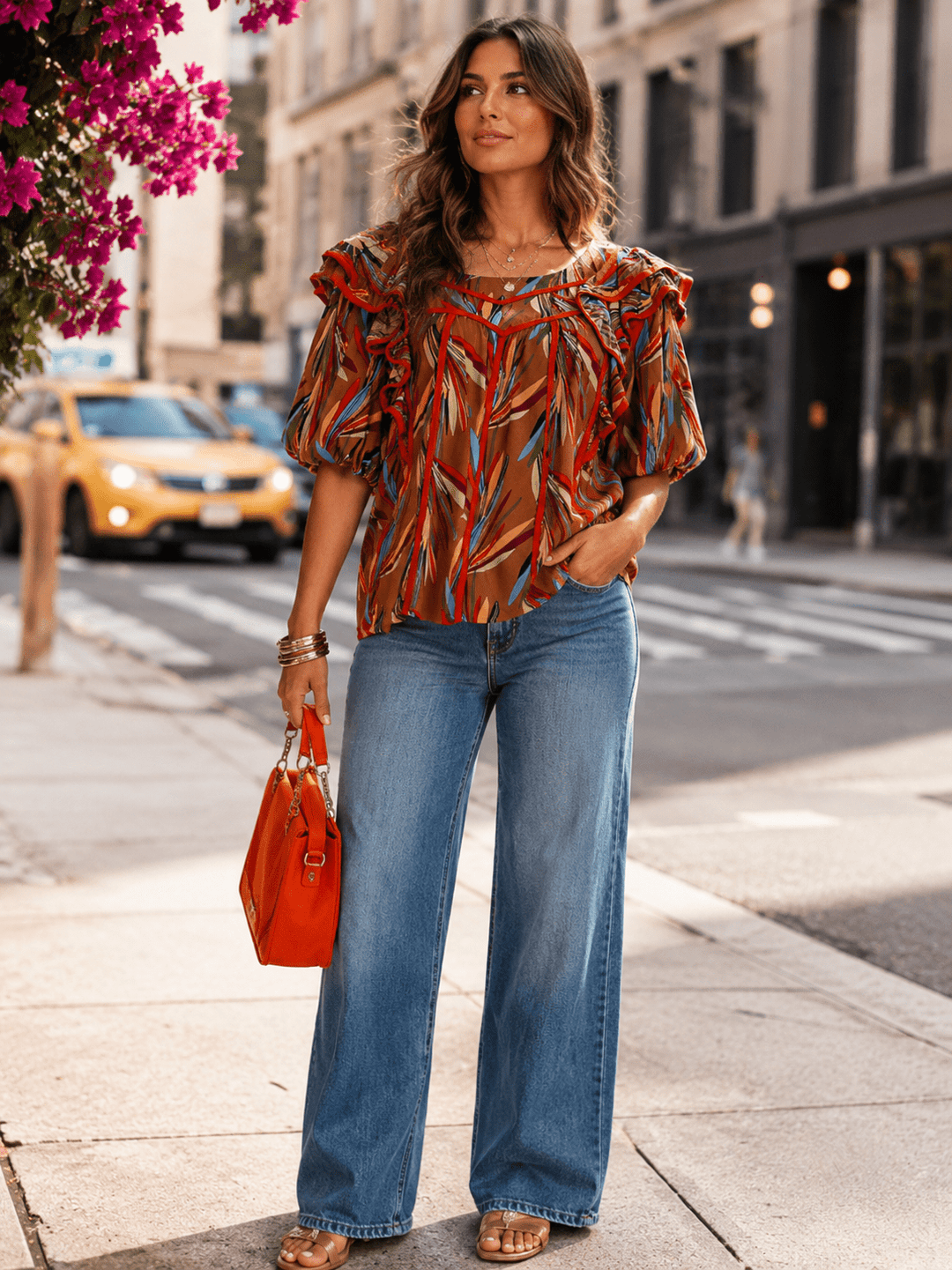 ENTRO WOMEN'S SHORT PUFF SLEEVE RUFFLE MULTI PRINT BLOUSE