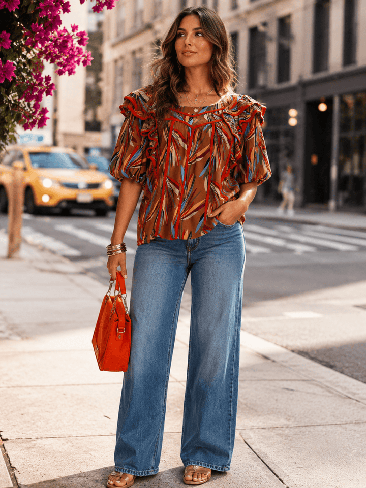 ENTRO WOMEN'S SHORT PUFF SLEEVE RUFFLE MULTI PRINT BLOUSE
