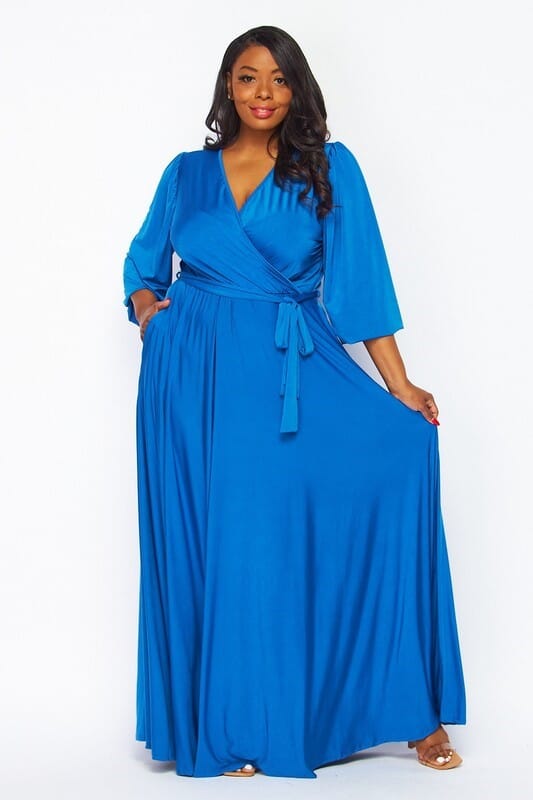 PLUS SIZE 3/4 SLEEVE SURPLICE SELF TIE MAXI DRESS