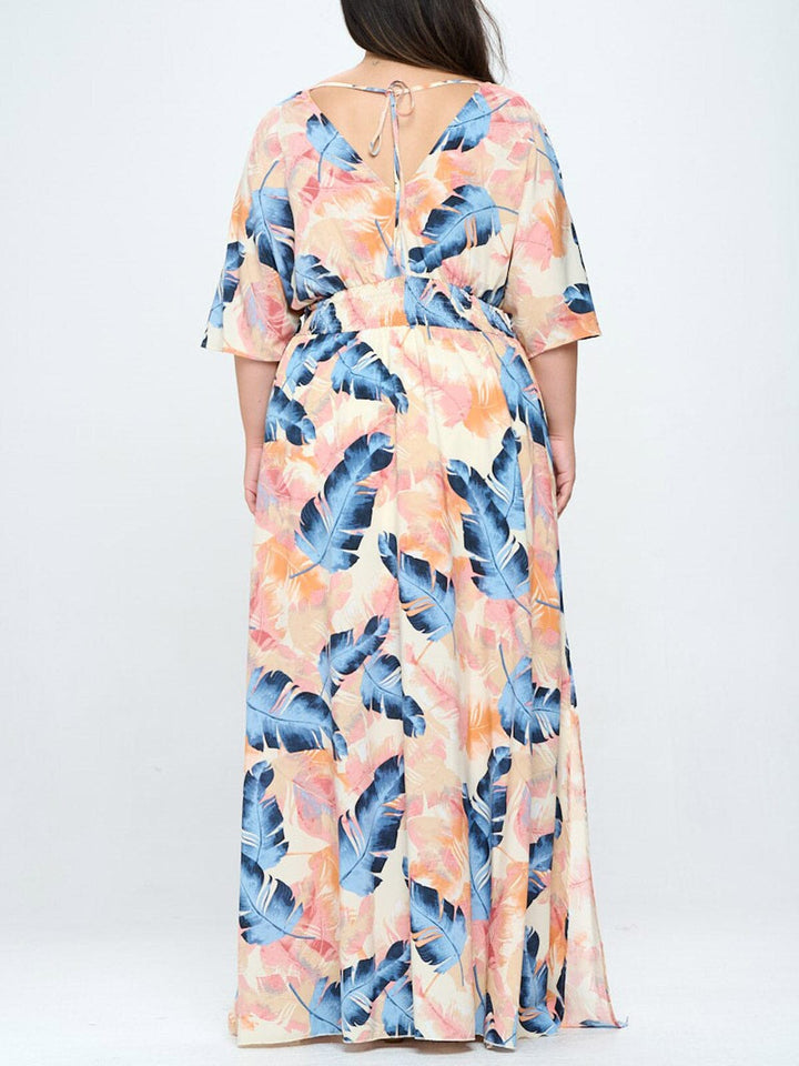 PLUS SIZE SHORT SLEEVE V-NECK SURPLICE SMOCK WAIST MAXI DRESS
