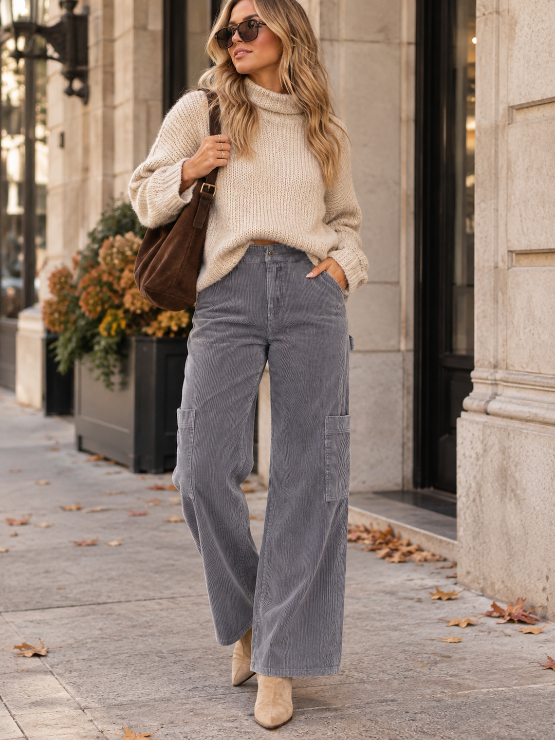 WOMEN'S BUTTON CLOSURE POCKETS WIDE LEG CORDUROY PANTS