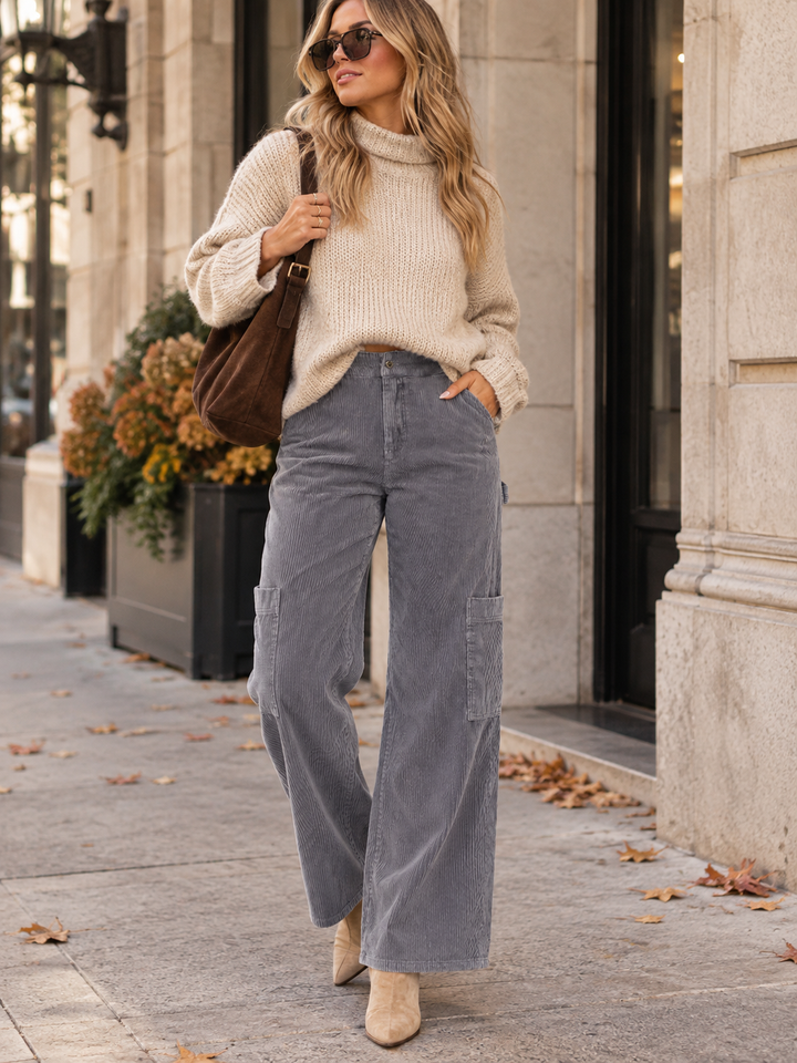 WOMEN'S BUTTON CLOSURE POCKETS WIDE LEG CORDUROY PANTS