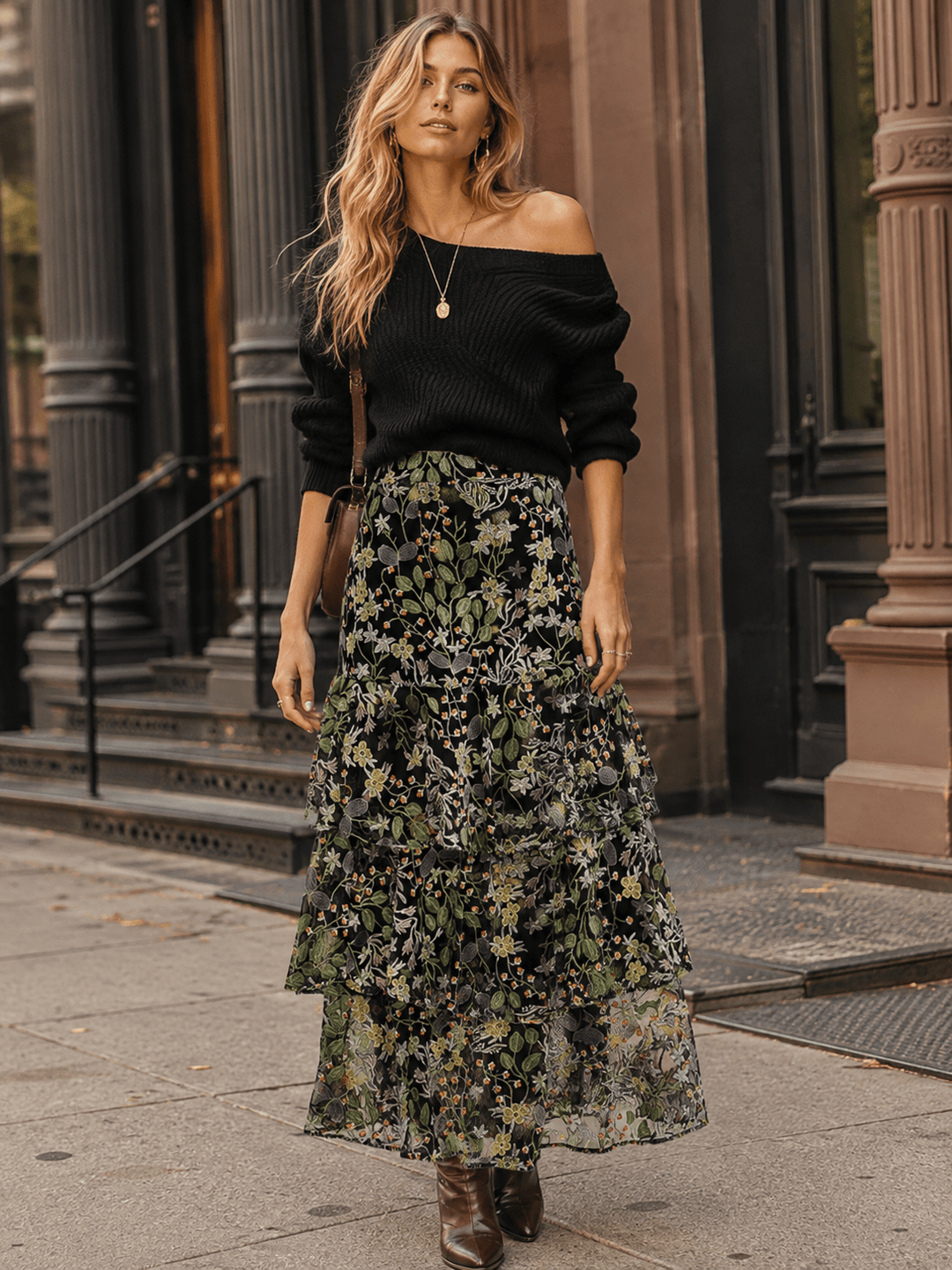 BEULAH WOMEN'S ZIPPER CLOSURE FLORAL EMBROIDERY RUFFLE TIERED MAXI SKIRT