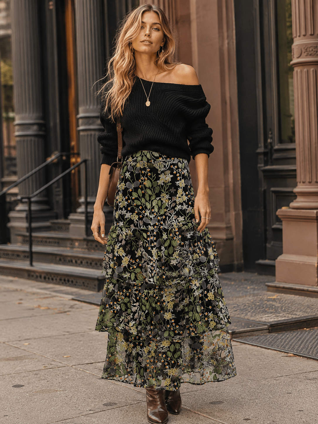 BEULAH WOMEN'S ZIPPER CLOSURE FLORAL EMBROIDERY RUFFLE TIERED MAXI SKIRT