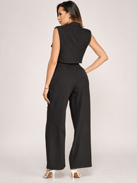 WOMEN'S SLEEVELESS BUTTON CLOSURE BLOUSE & BUTTON CLOSURE POCKETS WIDE LEG PANTS 2PC. SET