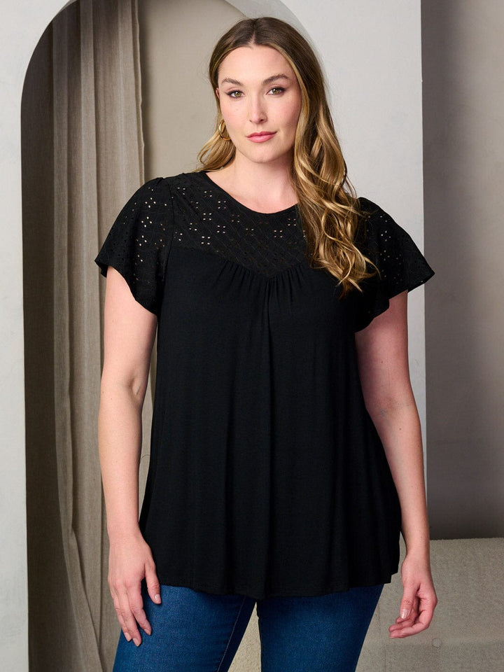 PLUS SIZE SHORT SLEEVE EYELET TUNIC BLOUSE TOP