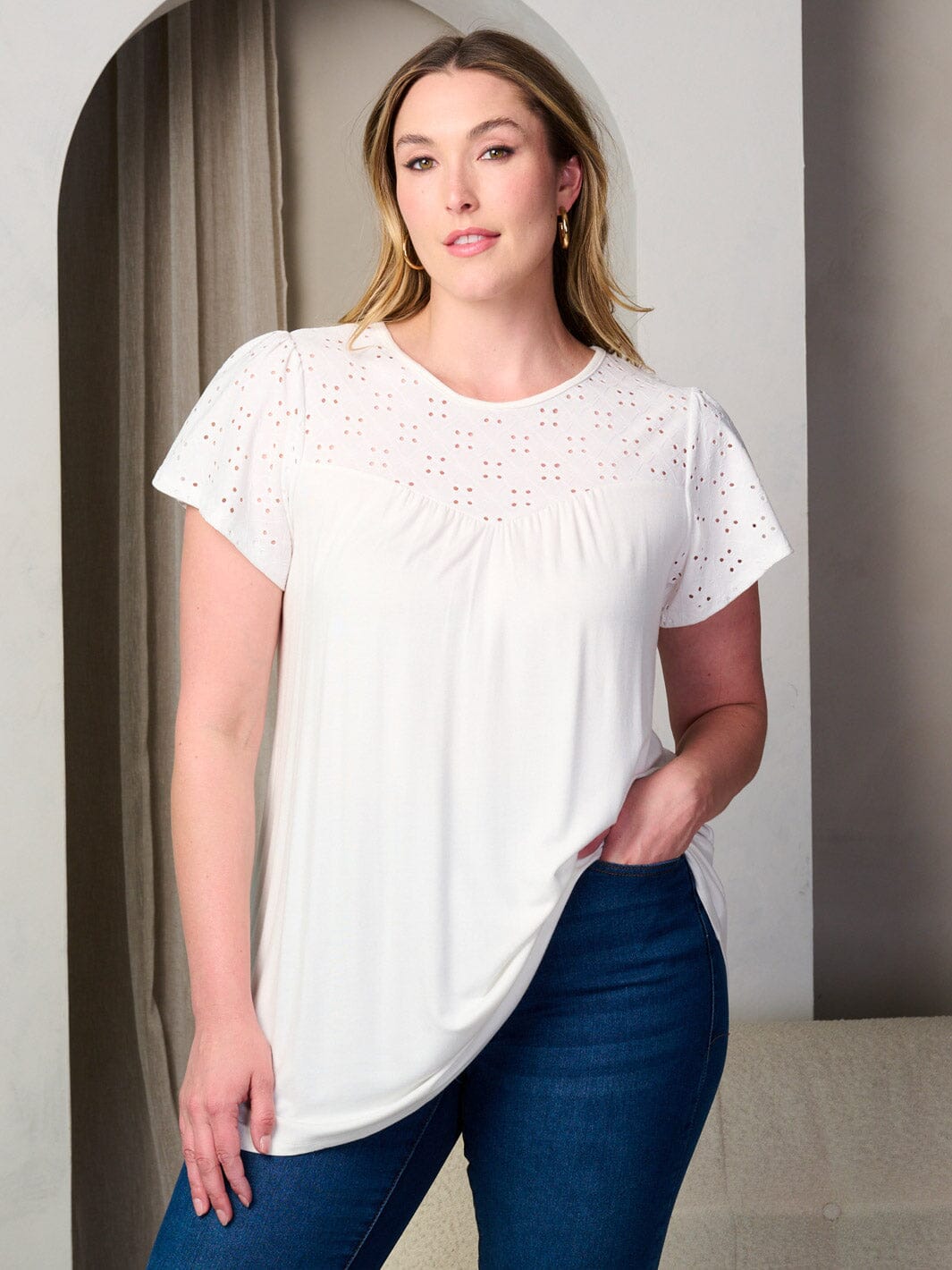 PLUS SIZE SHORT SLEEVE EYELET TUNIC BLOUSE TOP