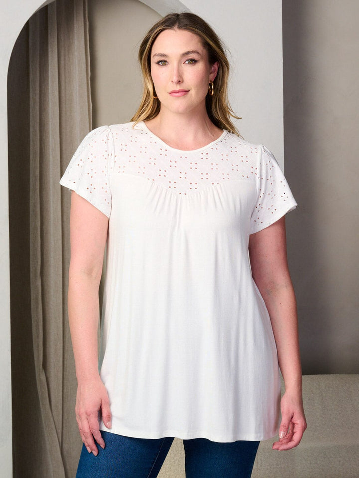 PLUS SIZE SHORT SLEEVE EYELET TUNIC BLOUSE TOP