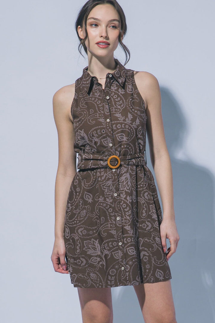 WOMEN'S SLEEVELESS BUTTON UP BELTED EYELET MINI DRESS