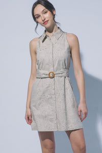 WOMEN'S SLEEVELESS BUTTON UP BELTED EYELET MINI DRESS
